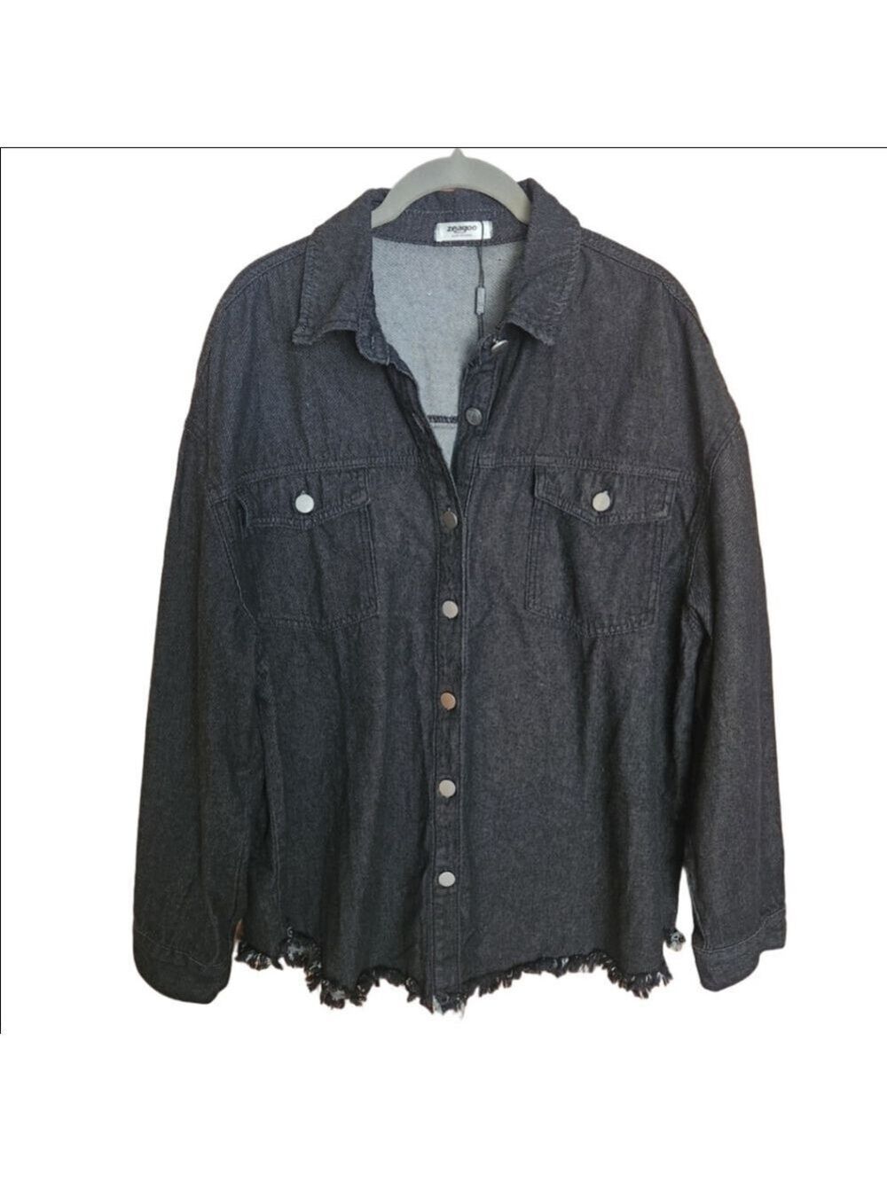 ZEAGOO BLACK DENIM JACKET SHIRT SHACKET BUTTON DOWN LONG SLEEVE NWT XL - Picture 2 of 8